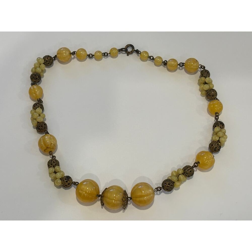 Vintage Antique Yellow Uranium Glass Chocker Necklace Melon Beads Czechoslovakia